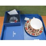 Royal Crown Derby Imari Pattern 1128 Cup and Saucer; together with a Swarovski posy holder (