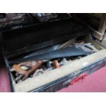 Large Toolbox Filled with Vintage Tools, including saws, hand drills, screwdrivers, hammers, etc,