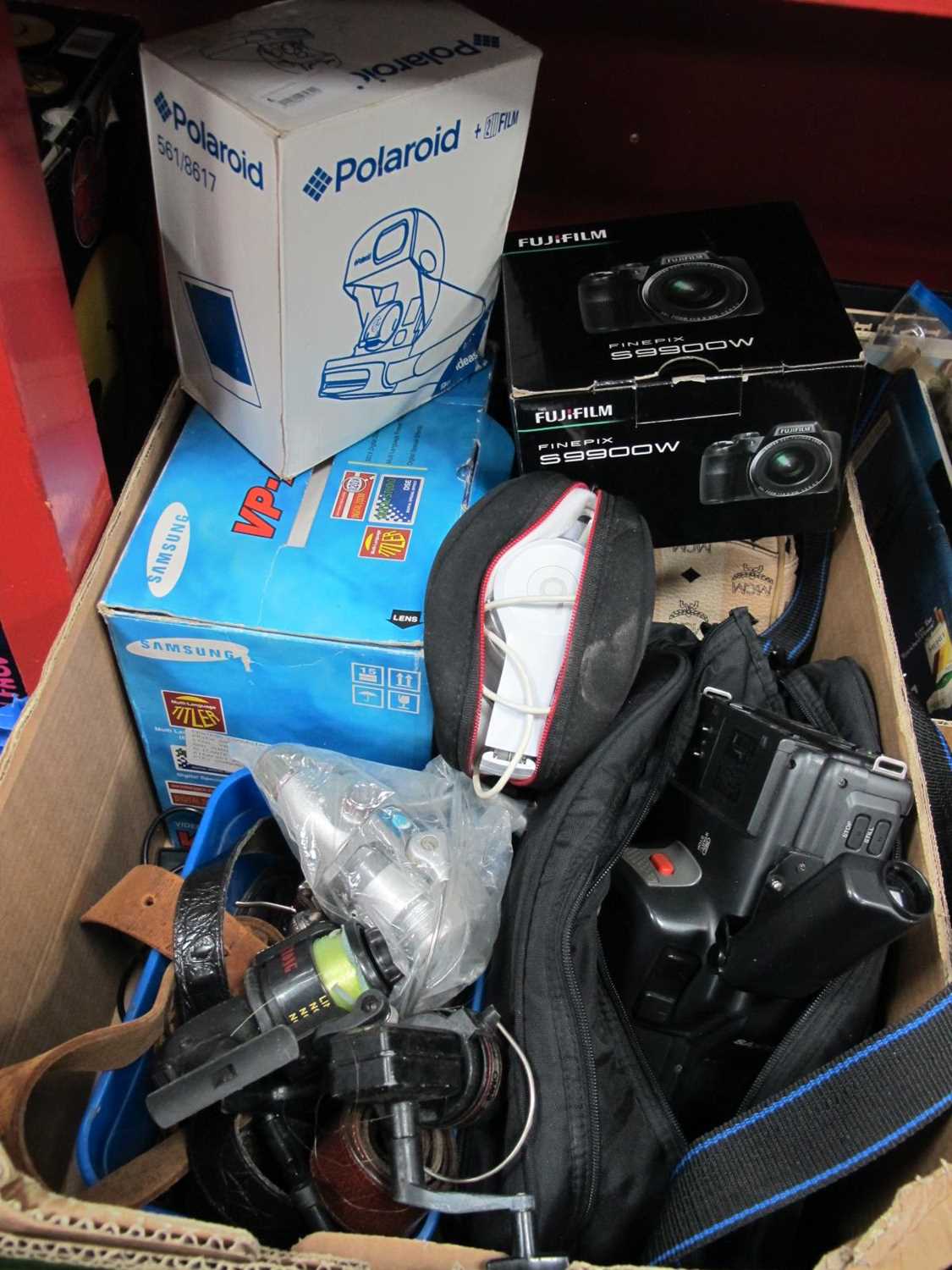 Cameras - Fujifilm, Polaroid, video cams, belts, fishing reels, etc:- One Box.