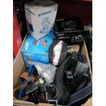 Cameras - Fujifilm, Polaroid, video cams, belts, fishing reels, etc:- One Box.