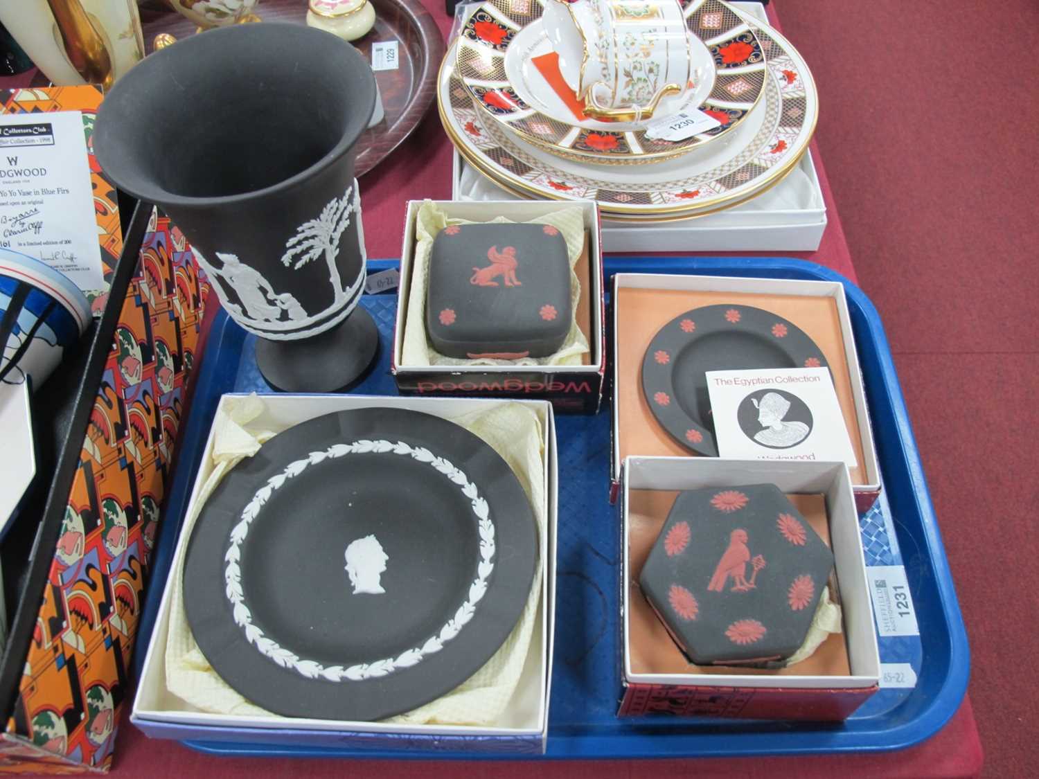 Wedgwood 'The Egyptian Collection' Trinkets, black and white jasperware vase and dish:- One Tray