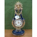 V & A Marie-Antoinette Clock by Franklin Mint, in cobalt blue porcelain case as a lyre with gilt