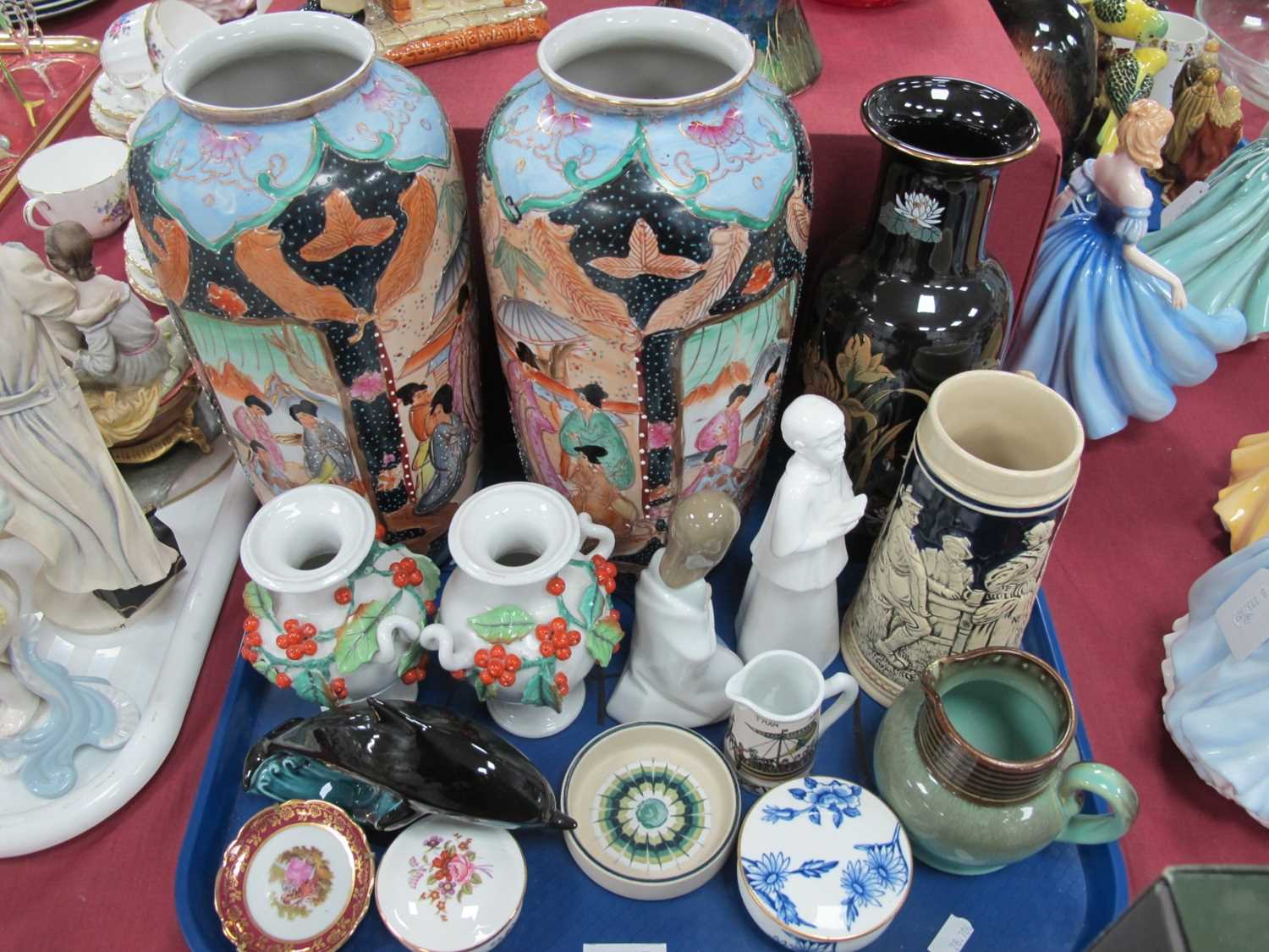 Pair of Continental China Urns, encrusted with berries, Ladro, Coalport, Poole, large Oriental