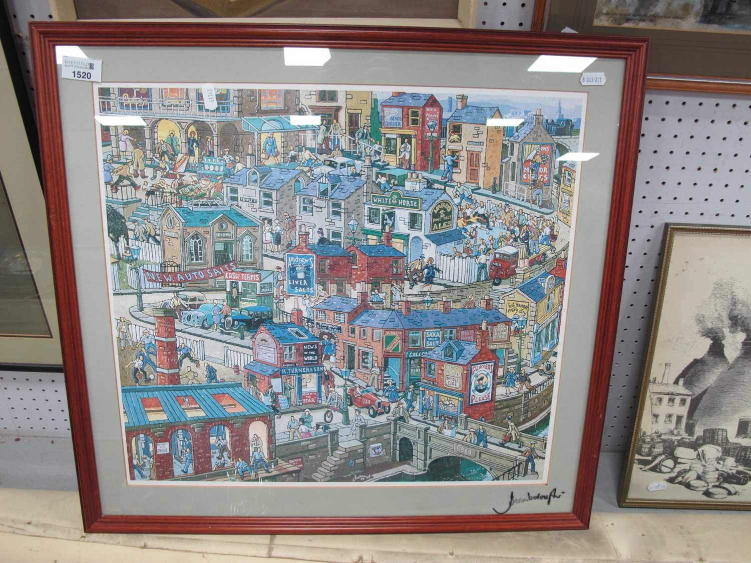 Joe Scarborough Print, Bridge Street, Sheffield, signed on the glass, 44 x 49.