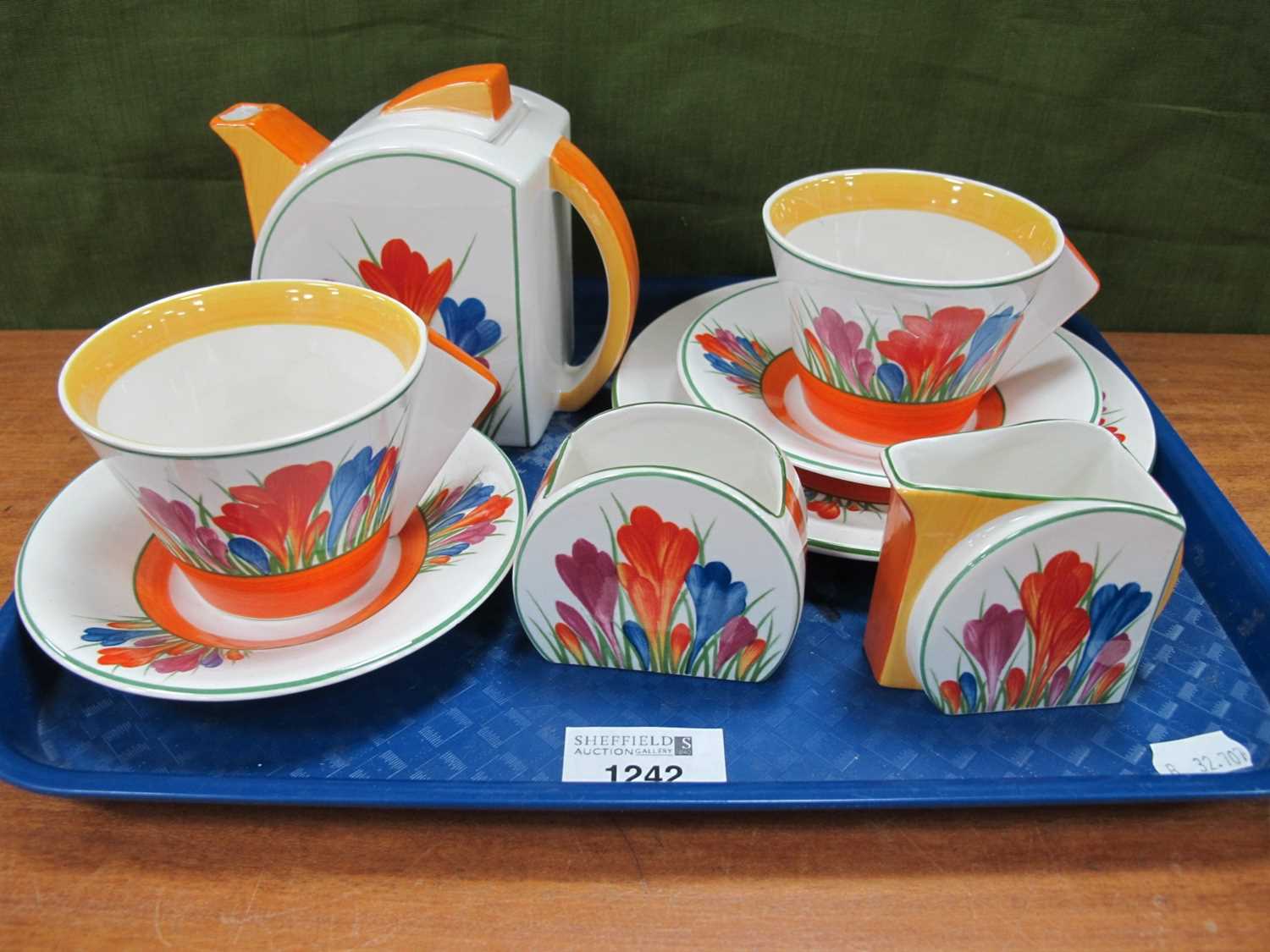 Wedgwood B.E, Clarice Cliff Tea For Two, limited edition of 75 firing days, in the Crocus Pattern,