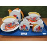 Wedgwood B.E, Clarice Cliff Tea For Two, limited edition of 75 firing days, in the Crocus Pattern,