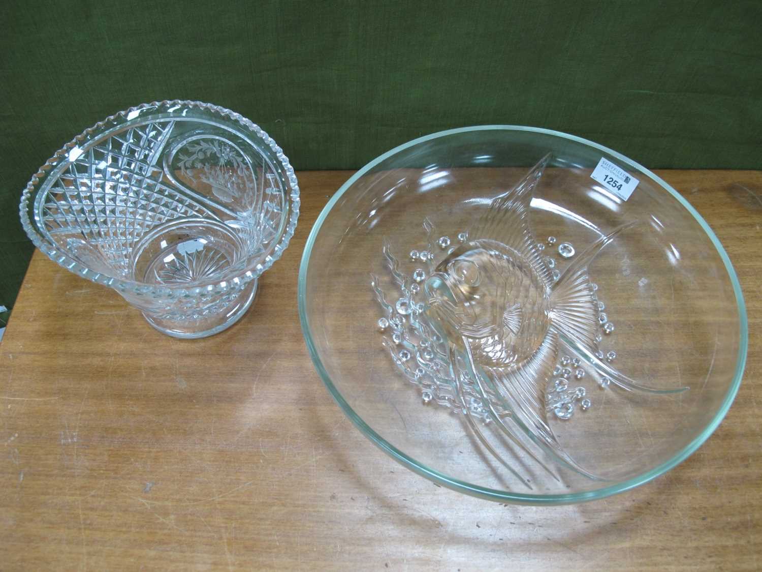 Glass Shallow Bowl, with raised fish to centre, 32.5cm diameter; glass bowl etched with bouquets