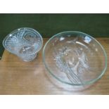 Glass Shallow Bowl, with raised fish to centre, 32.5cm diameter; glass bowl etched with bouquets