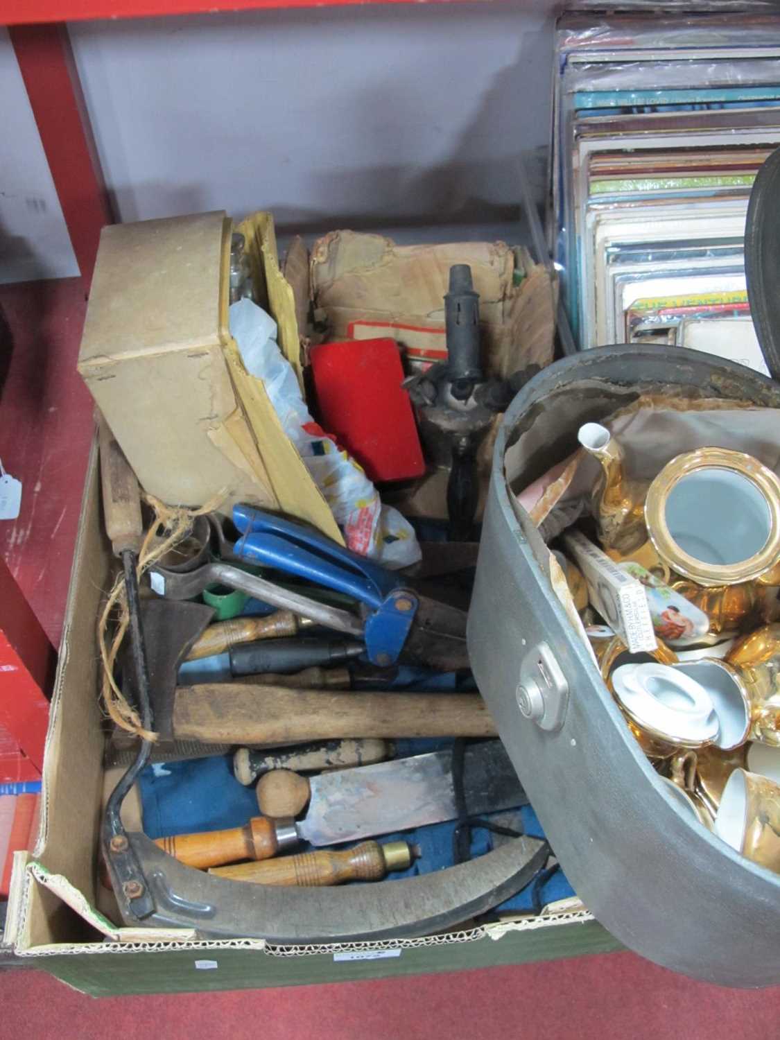 Blow Lamp, mincer, shears, chisels, sickle etc:- One Box coffee ware in a vanity case.