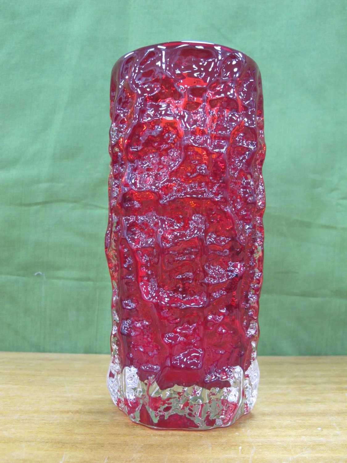 Whitefriars Ruby Red Glass Bark Textured Cylindrical Vase, 19cm high.