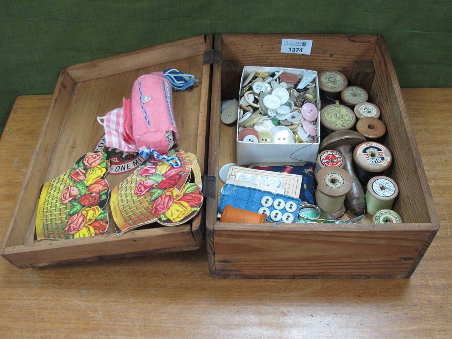 An Early XX Century Pine Sewing Box with later labels and vintage contents.