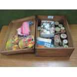 An Early XX Century Pine Sewing Box with later labels and vintage contents.