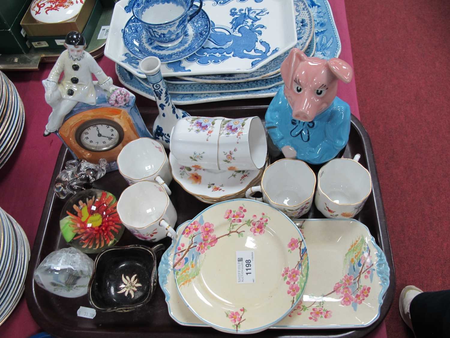Derby Posies, six coffee cups and saucers, Germany Pierriot cased mantle clock, Wade piggy bank,