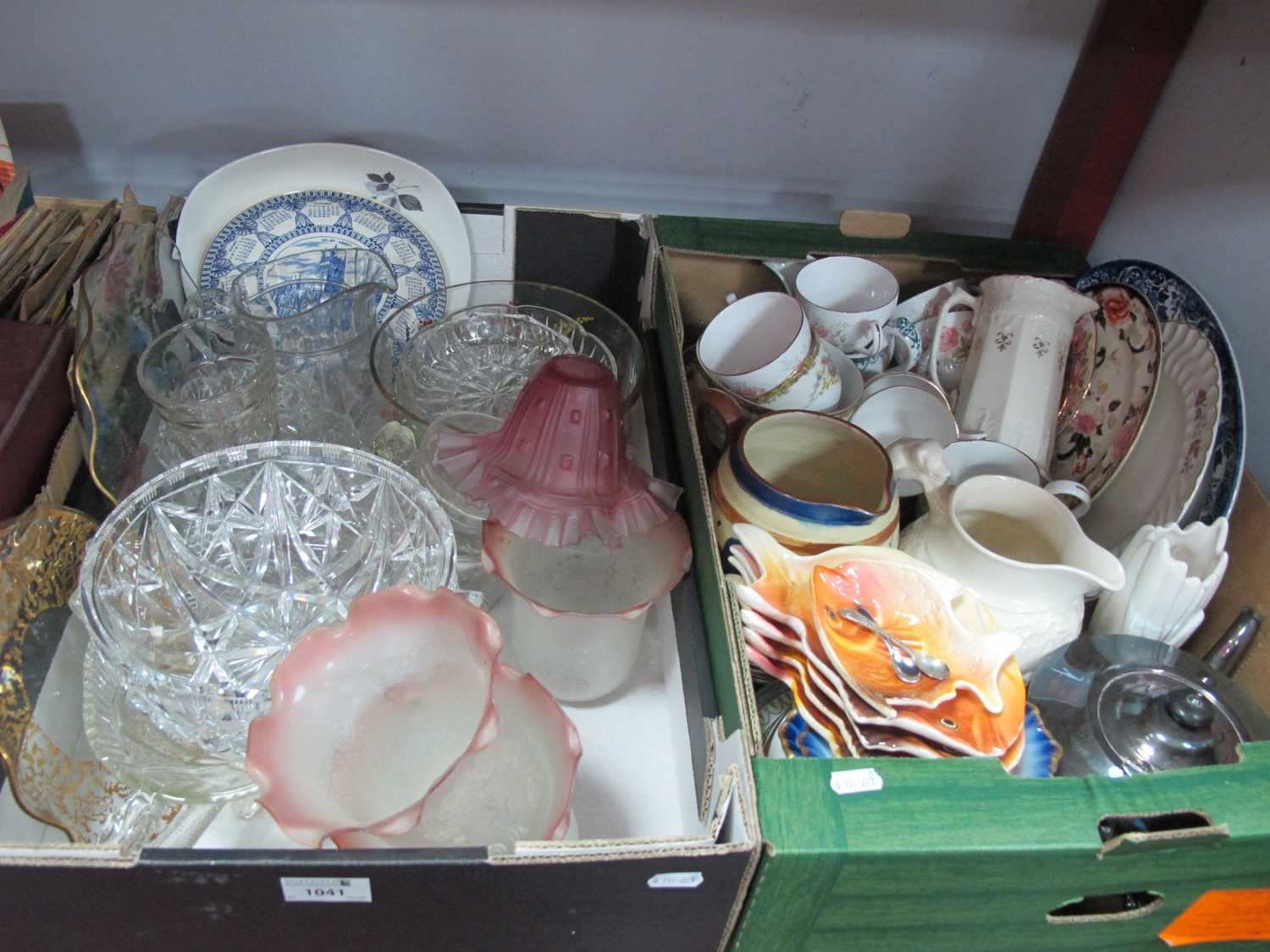 Cut Glass Bowl, moulded glass jug, Masons, Mandalay plate, glass shades:- Two Boxes.