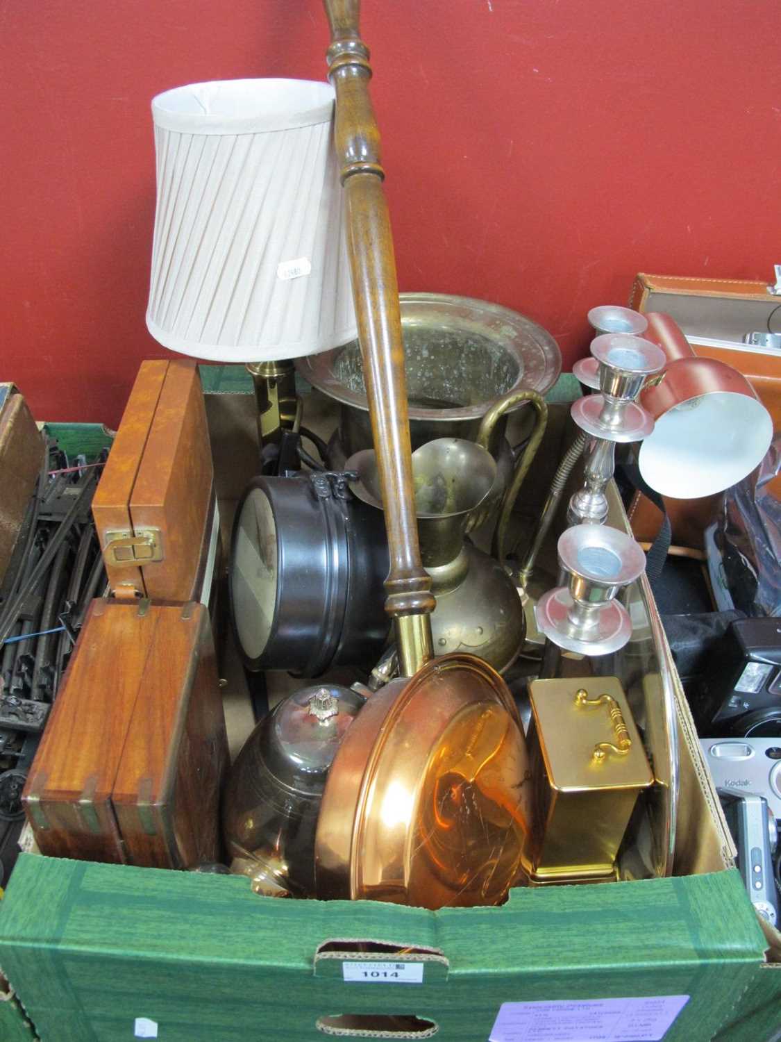 Backgammon Set, plated teapot, lamp, candelabra, clock on bracket, campagna vase, etc:- One Box.