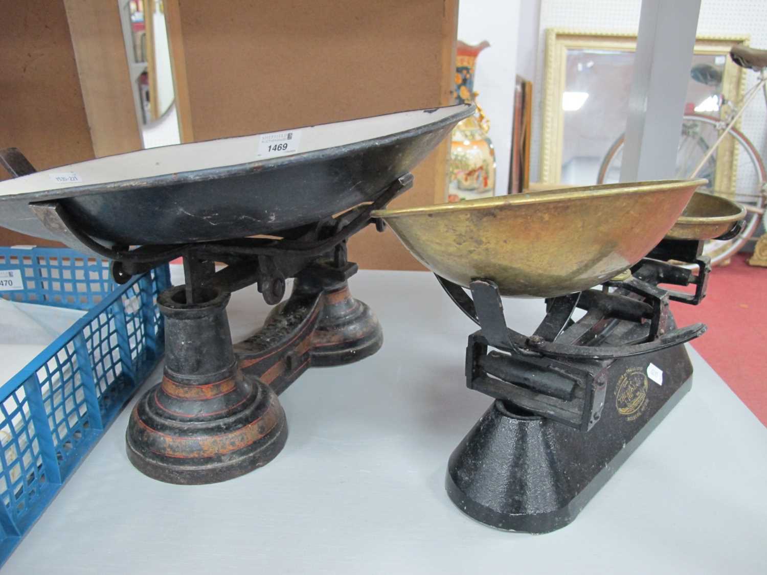 XIX Century Black Painted Scales and Weights, together with one other pair of kitchen scales, (E.J