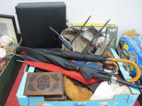 Pentax Asahi Camera, carved wooden box, umbrellas, etc:- One Box. Brief case, Bosch drill (