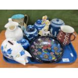 Royal Stanley Shallow Bowl, ginger jars, Jasperware teapot, piggy bank, etc:- One Tray