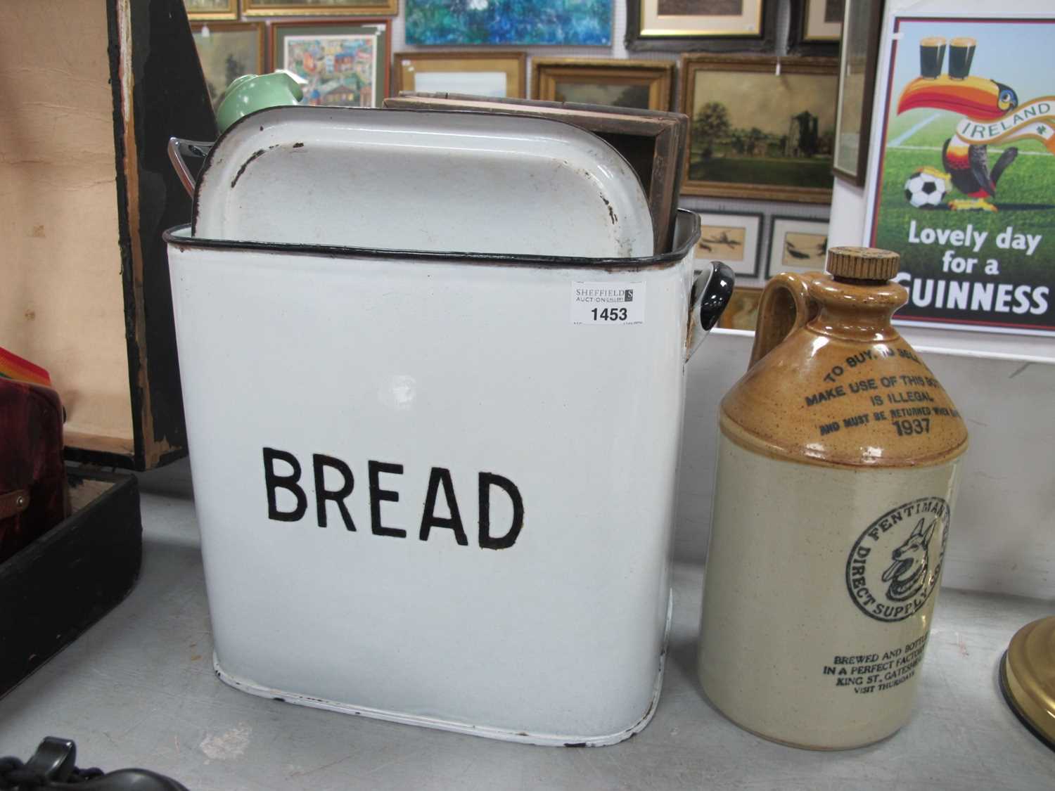 Enamelled Bread Bin, thermos jug, posses, flat iron, Fentimans flagon, cutlery box.