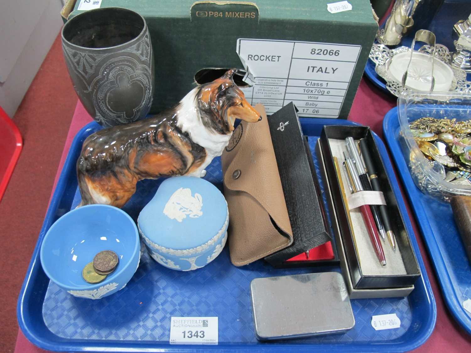 Parker Pens, Ray Ban sunglasses, Royal Doulton pottery figure of a Sheepdog, Wedgwood Jasper ware,