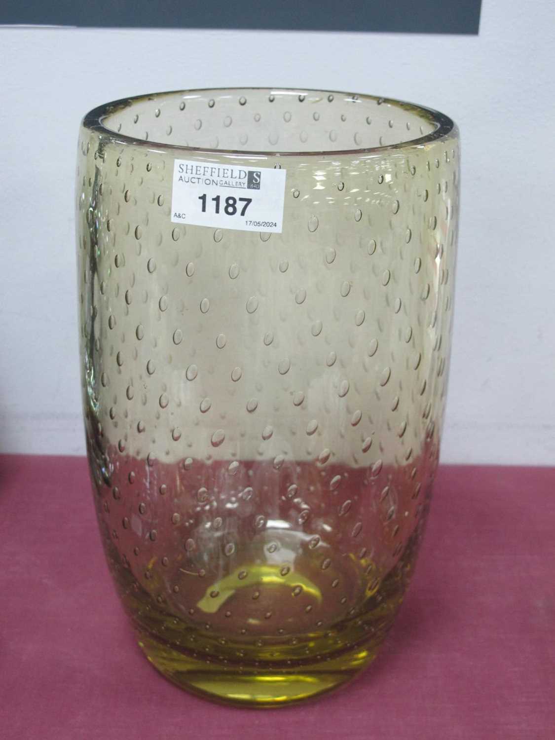 Whitefriars Amber Glas Bucket Vase, with bubble inclusions, 25cm high.