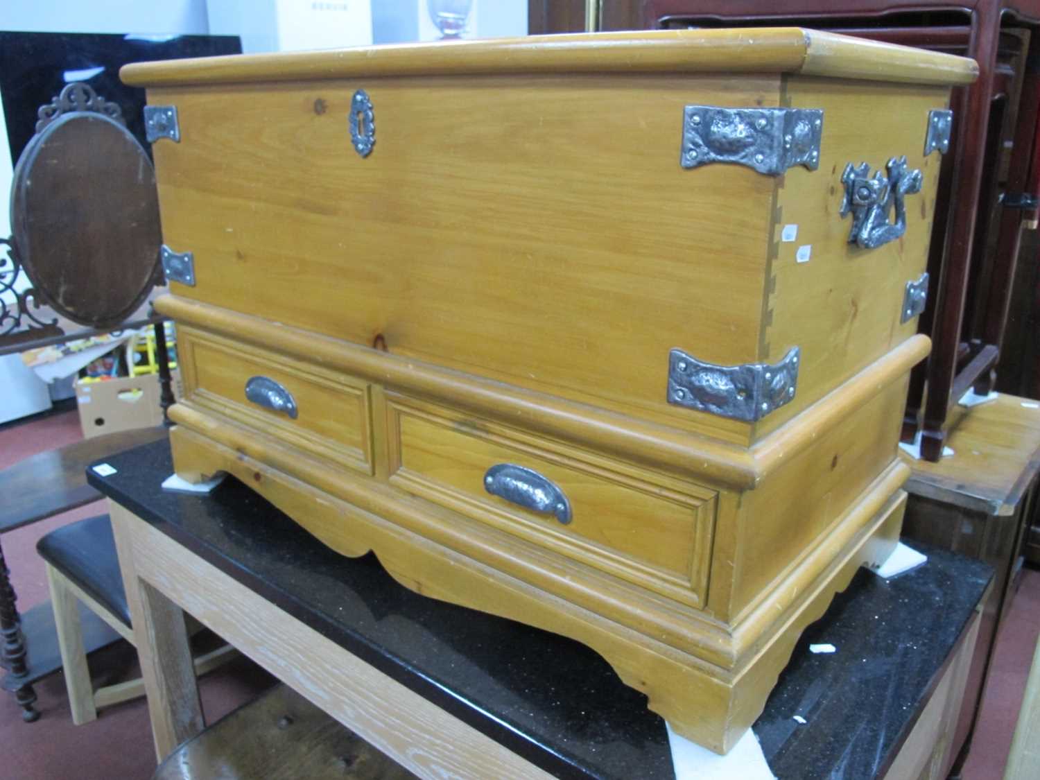 Pine Blanket Box, with lift up lid, two lower drawers, 90cm wide.