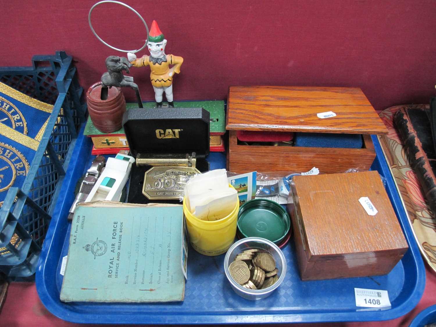 Coinage, money box, cuff links, watch, etc:- One Tray,