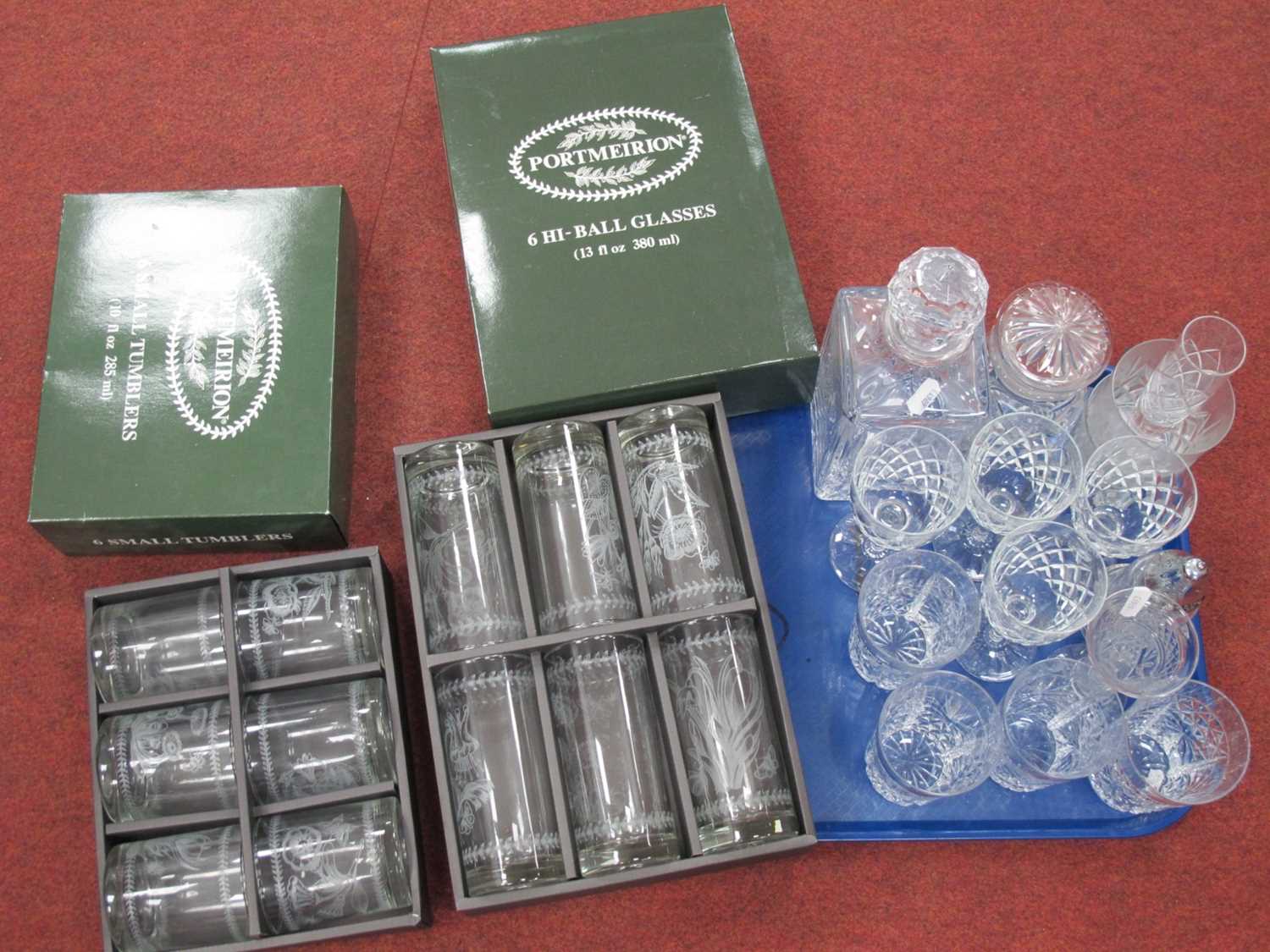 Portmeirion High Ball Tumblers and Small Tumblers, each set of six in box, Atlantis decanter,