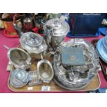 Silver Plated Three Piece Tea Service, plated basket, sugar nips, etc:- One Tray