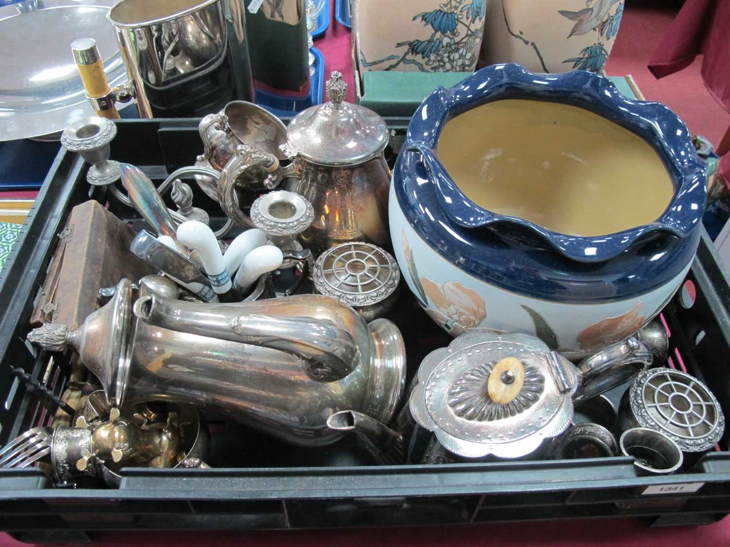 Lovatt's Langley Stoneware Jardiniere, plated tea service, cutlery, candelabra, etc:- One Box