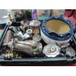 Lovatt's Langley Stoneware Jardiniere, plated tea service, cutlery, candelabra, etc:- One Box