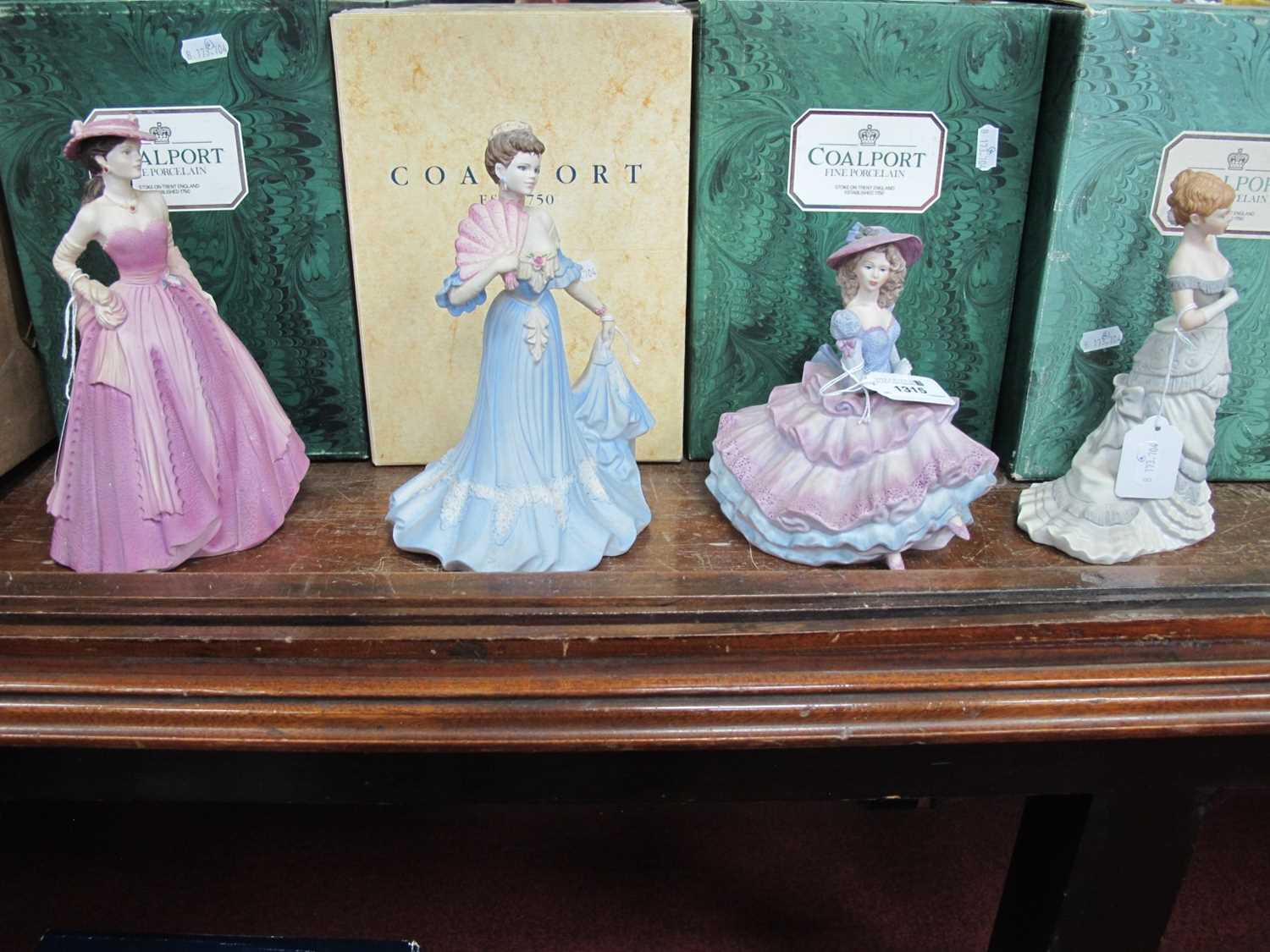 Coalport Age of Elegance Figurines 'Covent Garden', 16cm high, 'Royal Invitation', 'Evening