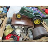 Bakelite Mantel Clock, brass scales, cast metal painted tractor etc:- OneBox