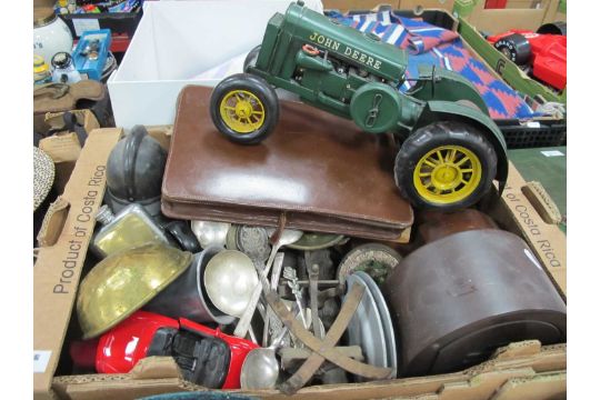 Bakelite Mantel Clock, brass scales, cast metal painted tractor etc:- OneBox