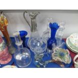 Claret Jug, decanters, Dartington bowl, etc:- One Tray.