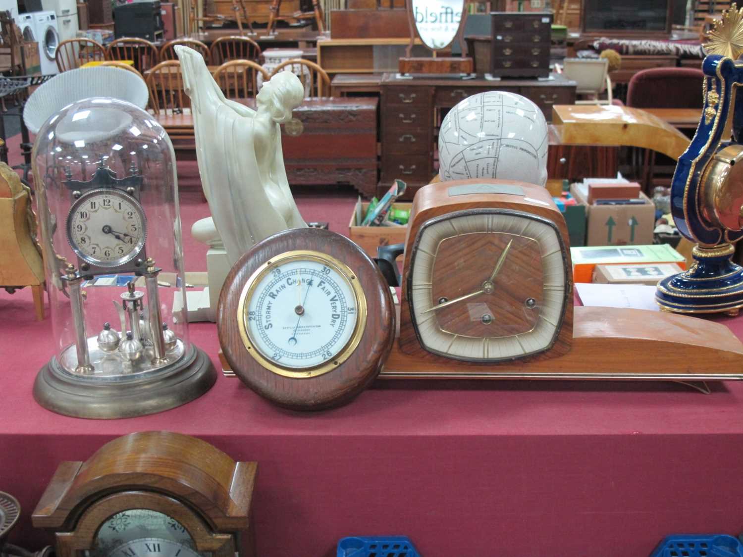 Anniversary Clock Under Glass Dome, 29cm high. Manthe mantel clock, barometer for Ross and