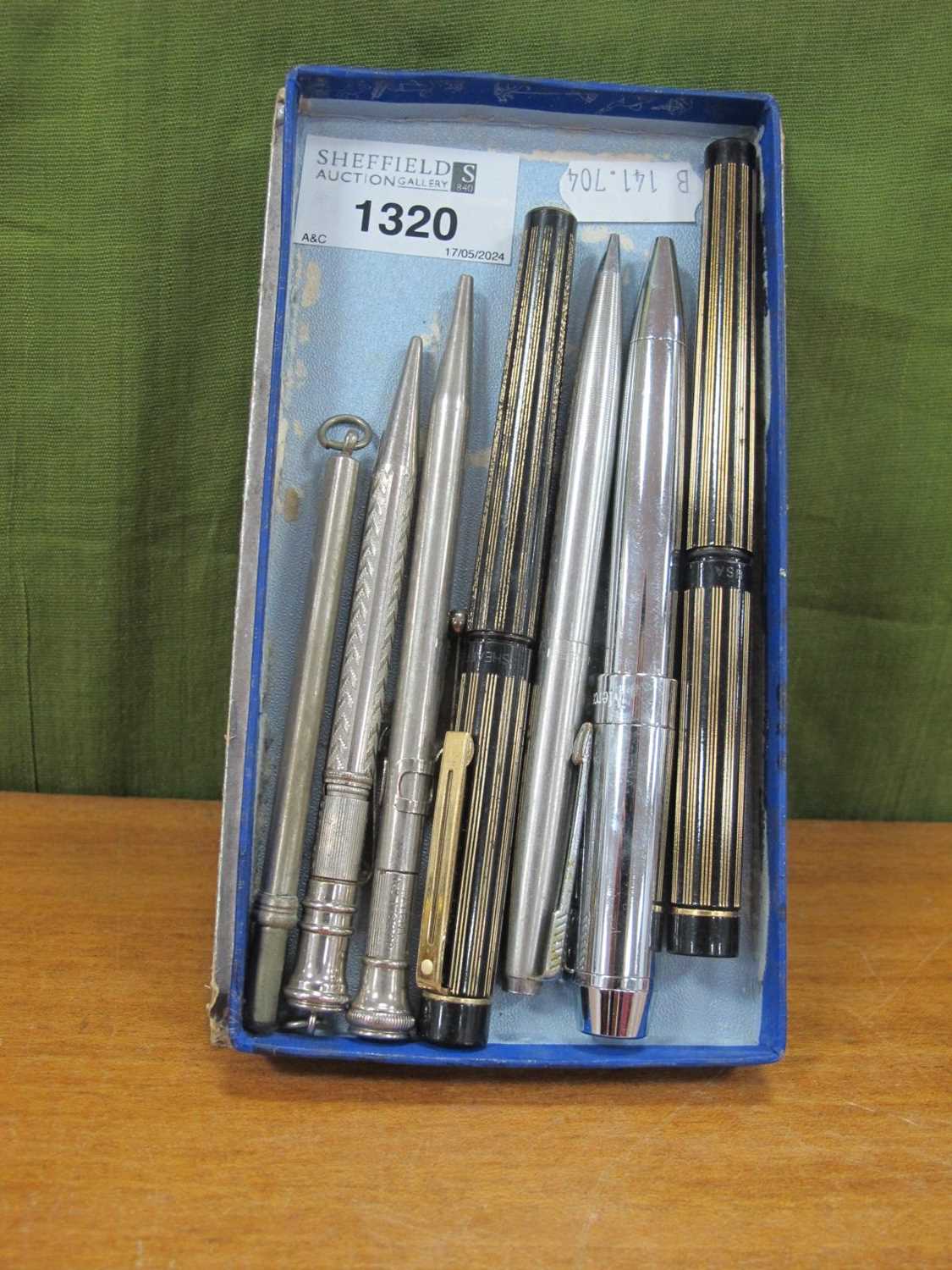 Sheaffer Ink Pens, with 14K nibs, three pencils, scissors, Mercedes pen.