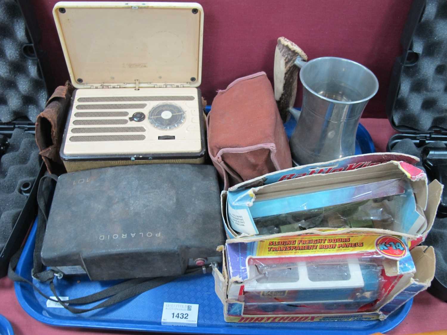 Marconi Marconiphone Radio, Polaroid 101 land camera, tankard, Matchbox K-113 and K14 vehicles,