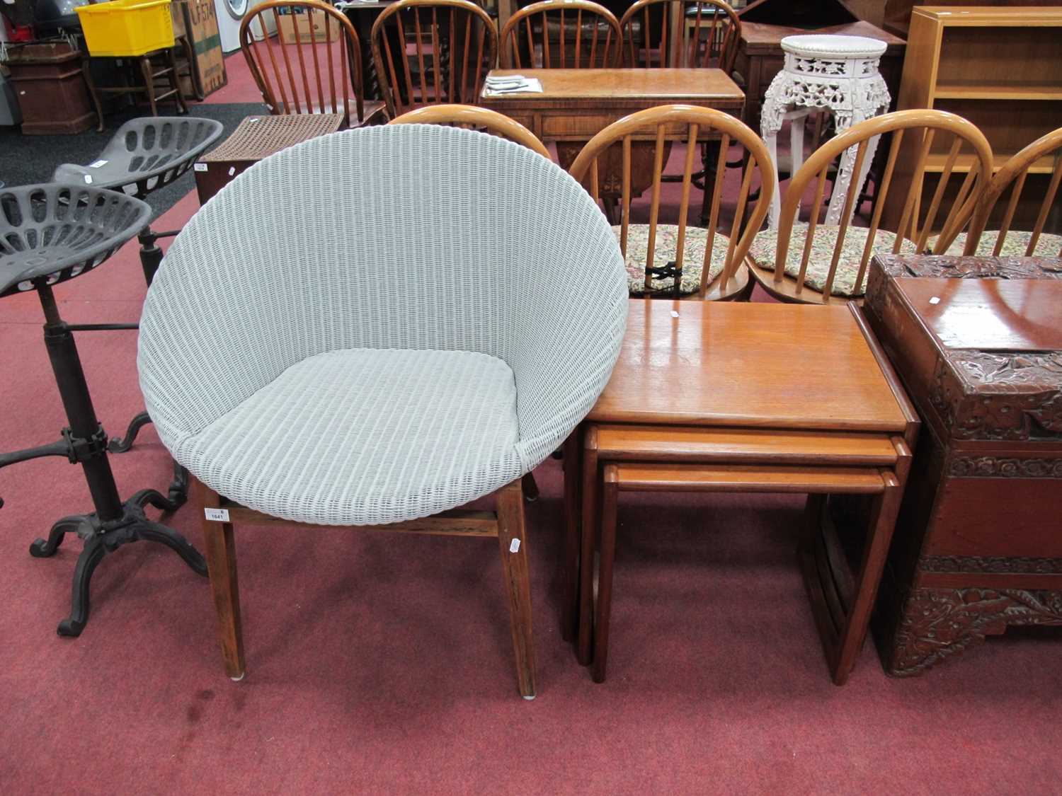 G-Plan Nest of Three 1970's Teak Coffee Tables, with barrel ends, Hudson basket work chair. (2).