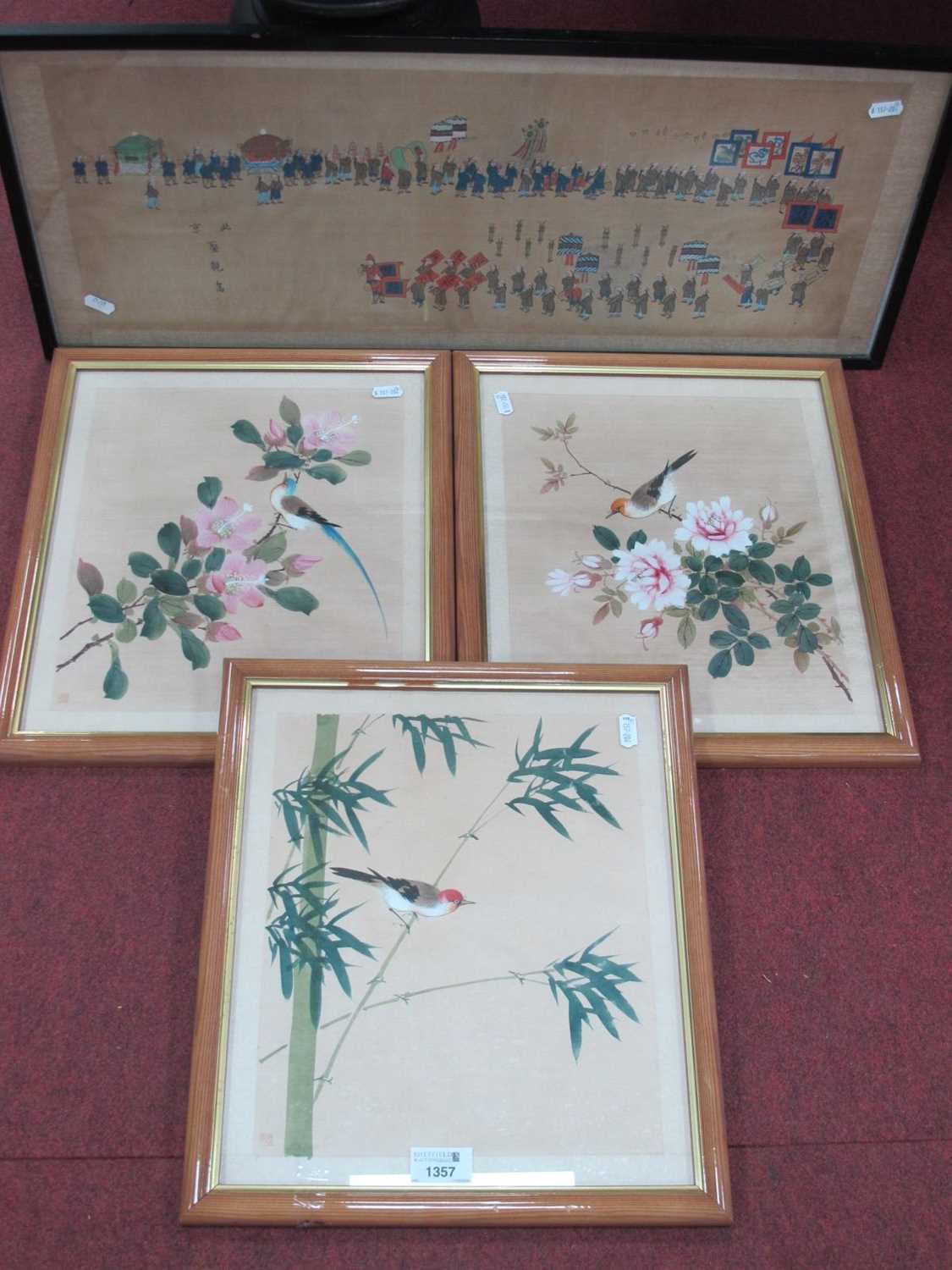 Chinese Rectangular Silk Panel, decorated with figures holding a sedan chair, kites, and flags in