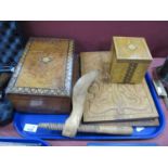 XIX Century Work Box, cigarette box, two carved oval wall plaques, shoe tree:- One Tray.