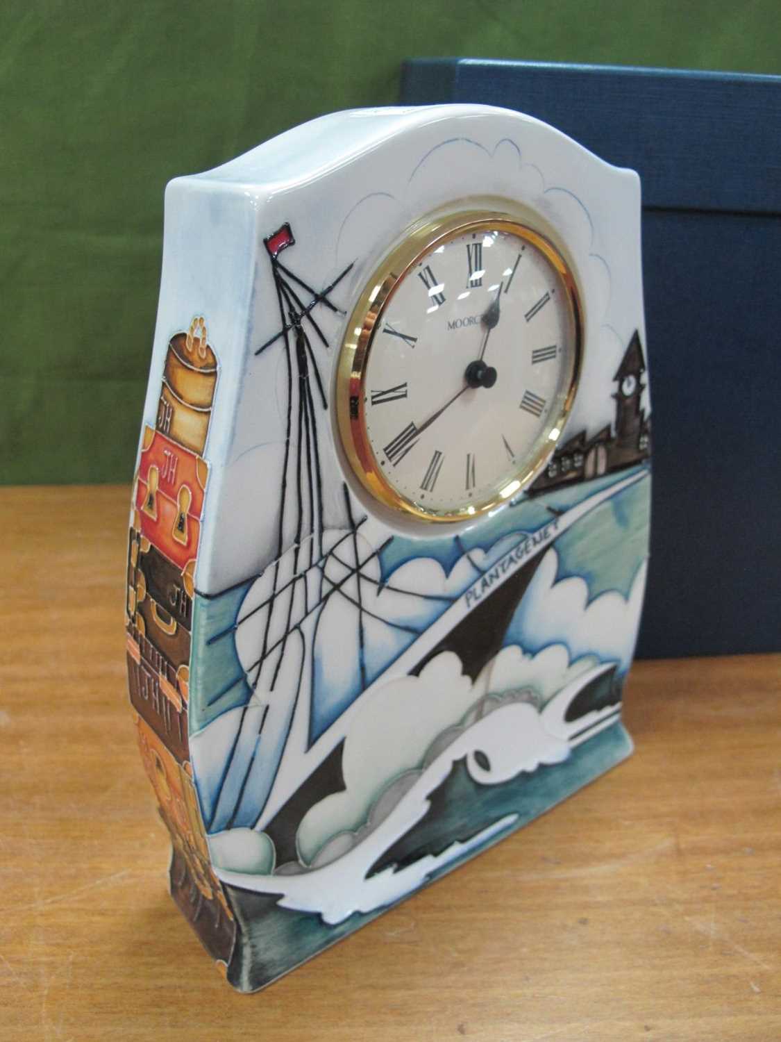 A Moorcroft Pottery Clock, painted in the 'HMS Plantagenet' design, impressed, painted 'Trial' and