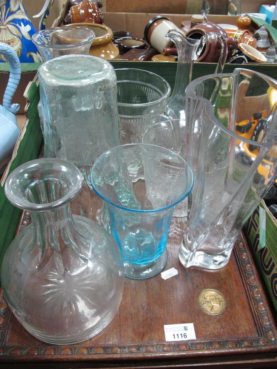Frank Thrower for Dartington Glass Greek Key Design Vase, 23cm high, other glassware:- One Tray