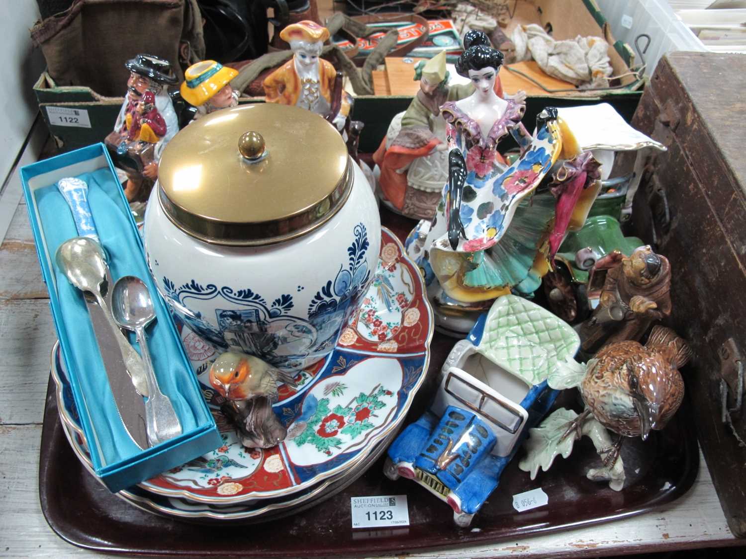 Italian Pottery Dancer and Cats, Delft tobacco jar, oriental and handpainted plates, Franklin toby