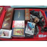 Hardwood Box, containing dominoes, playing cards, cast metal figures of birds, etc:- One Tray.