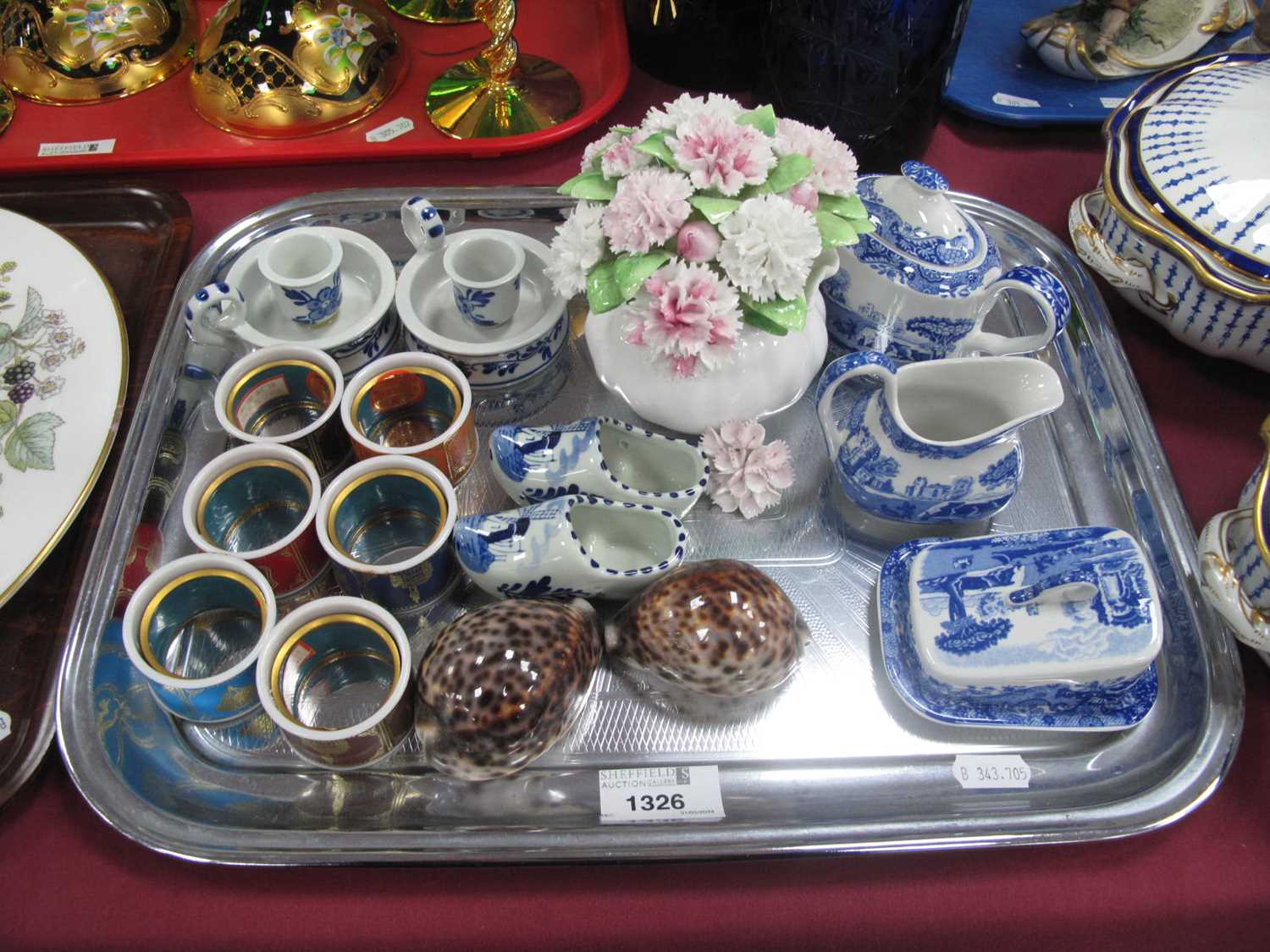 Spode Italian Miniature Teapot, jug and cheese dish, Cloisonne napkin rings, Doulton posy (dam),
