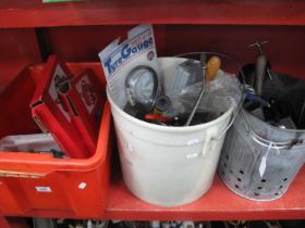 Spanners, G Glamps, pressure gauge, many other tools, in two plastic containers and metal bucket.