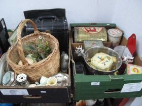 Vintage Tins, enamel 'Sal' pot, basket, records, etc:- Two Boxes.