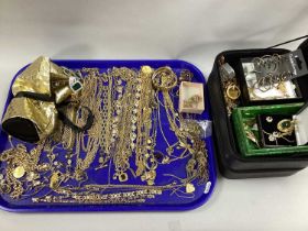 A Collection of Gilt Tone Jewellery, to include stone set line bracelets, tassel drop earrings,