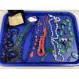 Polished Hardstone and Other Bead Necklaces, hardstone inset rings, drop necklaces etc :- One Tray